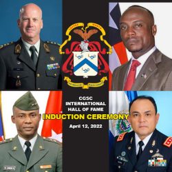 On Apr. 12, 2022, the U.S. Army Command and General Staff College inducted four new members into its International Hall of Fame. This is a composite image of photos of the four inductees with a CGSC crest in the center.