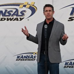 NASCAR driver Carl Edwards addresses the attendees during the CGSC Foundation fundraising event at the Kansas Speedway on April 15, 2022.