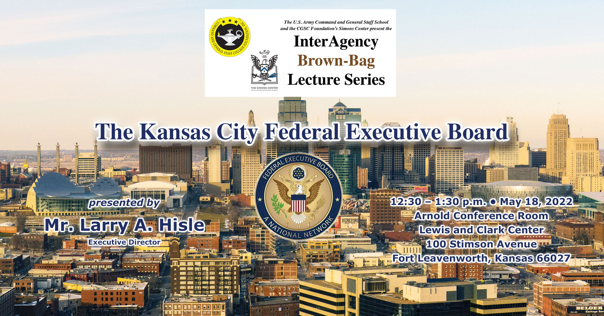 A background photo of the Kansas City skyline overplayed with the InterAgency Brown-Bag Lecture logo at top with subject and date of upcoming lecture in text below.