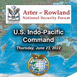 Composite image with ARNSF logo and text over a global map and the emblem of U.S. Indo-Pacific Command.