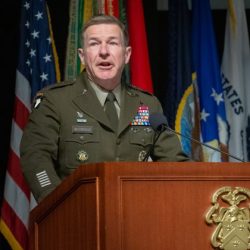 Chief of Staff of the Army Gen. James C. McConville delivers remarks during the June 10, CGSOC Class of 2022 graduation ceremony in Eisenhower Hall of the Lewis and Clark Center on Fort Leavenworth.