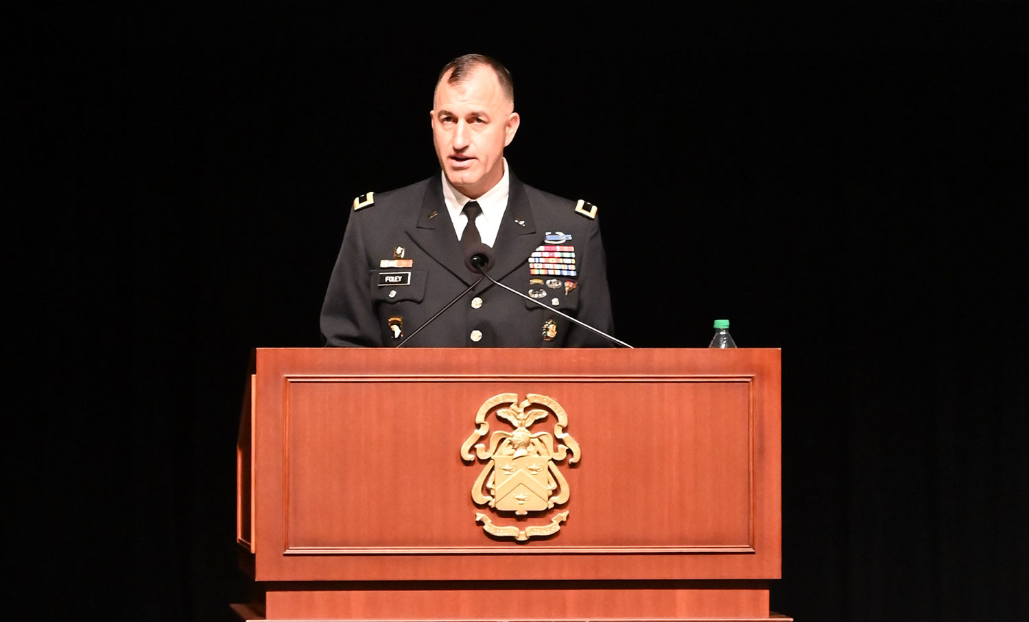 CGSC Deputy Commandant Brig. Gen. David Foley delivers remarks during the 2023 International Flag Ceremony on Aug. 8, 2022 in the Eisenhower Auditorium of the Lewis and Clark Center.