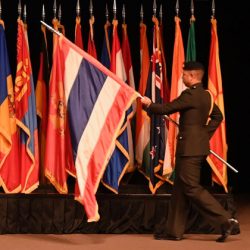 The international military student from Thailand posts his nation’s flag during the 2023 International Flag Ceremony on Aug. 8, 2022 in the Eisenhower Auditorium of the Lewis and Clark Center.