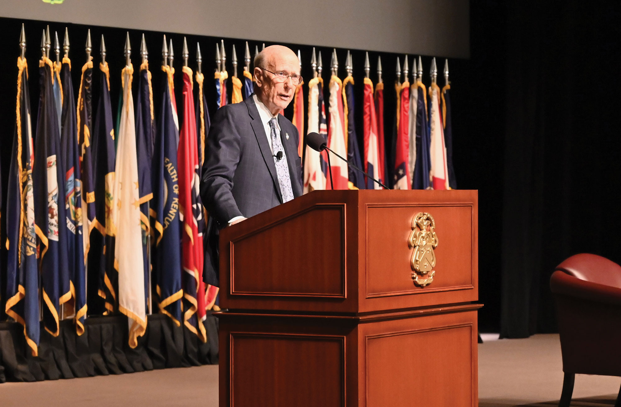 Sen. Pat Roberts delivers his remarks during the annual Colin L. Powell Lecture for students of the Command and General Staff Officers Course Class of 2023 in Eisenhower Hall in Fort Leavenworth’s Lewis and Clark Center Sept. 9, 2022.