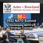 Arter-Roland National Security Forum logo with text "2022 NATO Summit" over an image of the summit being conducted in June 2022.
