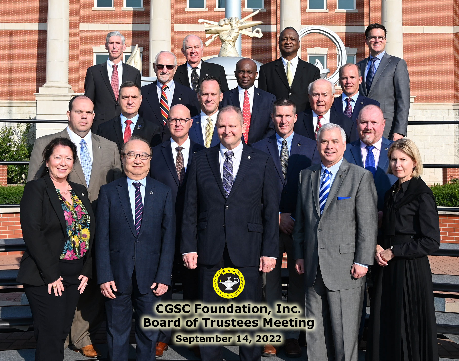 group photo of the CGSC Foundation board of trustees who attended the board meeting on Sept. 14, 2022. Over the photo is the Foundation logo and the date.