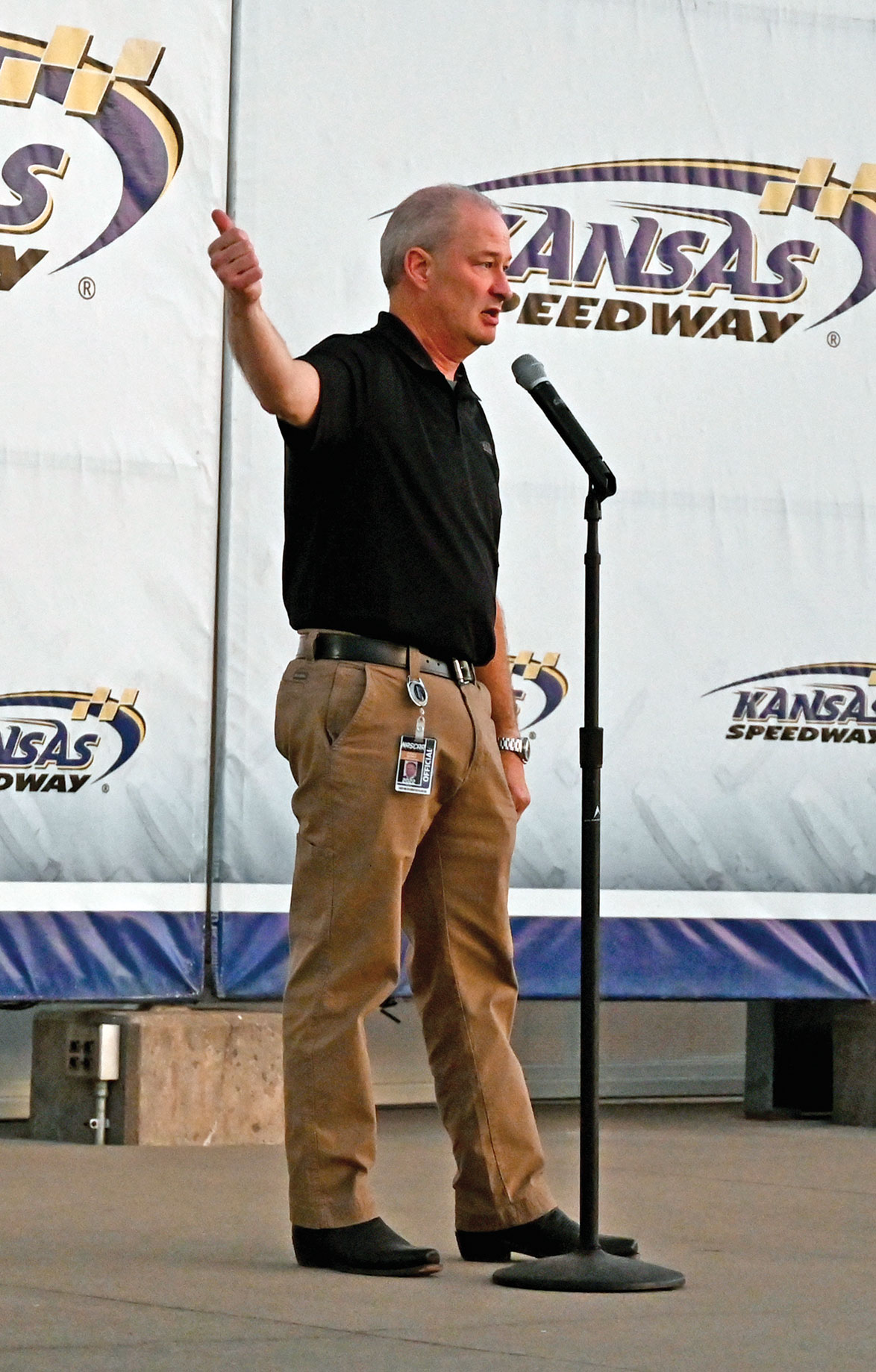 Kansas Speedway President and CGSC Foundation trustee Pat Warren welcomes guests to the track during the CGSC Foundation event on Oct. 21, 2022.