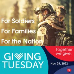 Giving Tuesday 2022 graphic - photo of Soldier in camo uniform carrying his young daughter