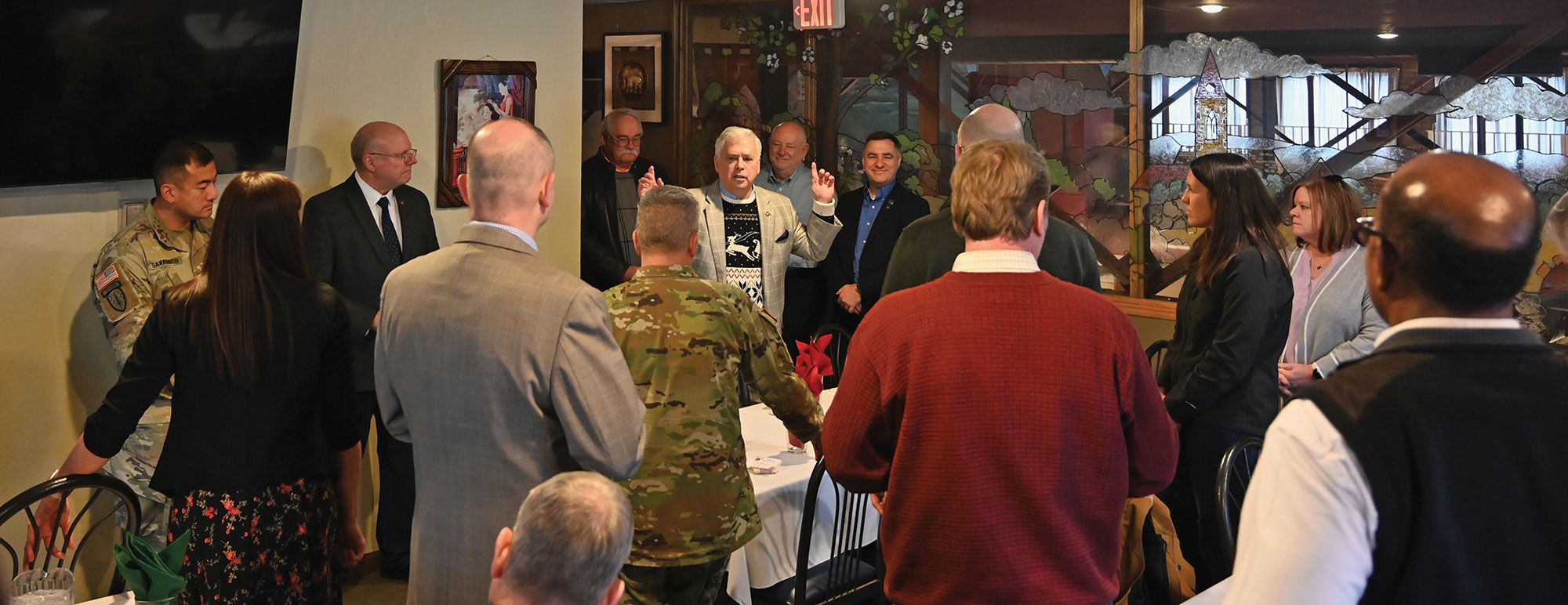 CGSC Foundation President/CEO Rod Cox welcomes guests at the Friends of the Foundation Holiday Luncheon Dec. 16, 2022, at the Baan Thai restaurant in downtown Leavenworth, Kansas.