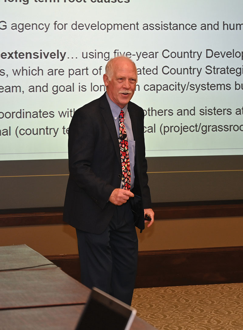 Dr. Mark Sorensen, the CGSC Distinguished Chair for Development Studies, leads a discussion on the U.S. Agency for International Development (USAID) during the InterAgency Brown-Bag Lecture on Dec. 13, 2022, in the Arnold Conference Room of the Lewis and Clark Center on Fort Leavenworth.