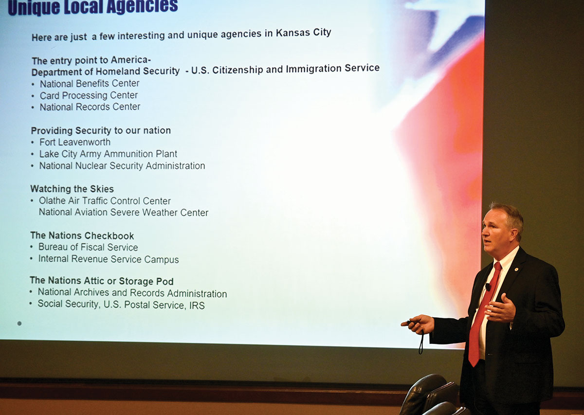 Mr. Larry A. Hisle, executive director of the Greater Kansas City Federal Executive Board, presents the fourth lecture of the InterAgency Brown-Bag Lecture for academic year 2023 in the Arnold Conference Room of the Lewis and Clark Center on Jan. 18, 2023.