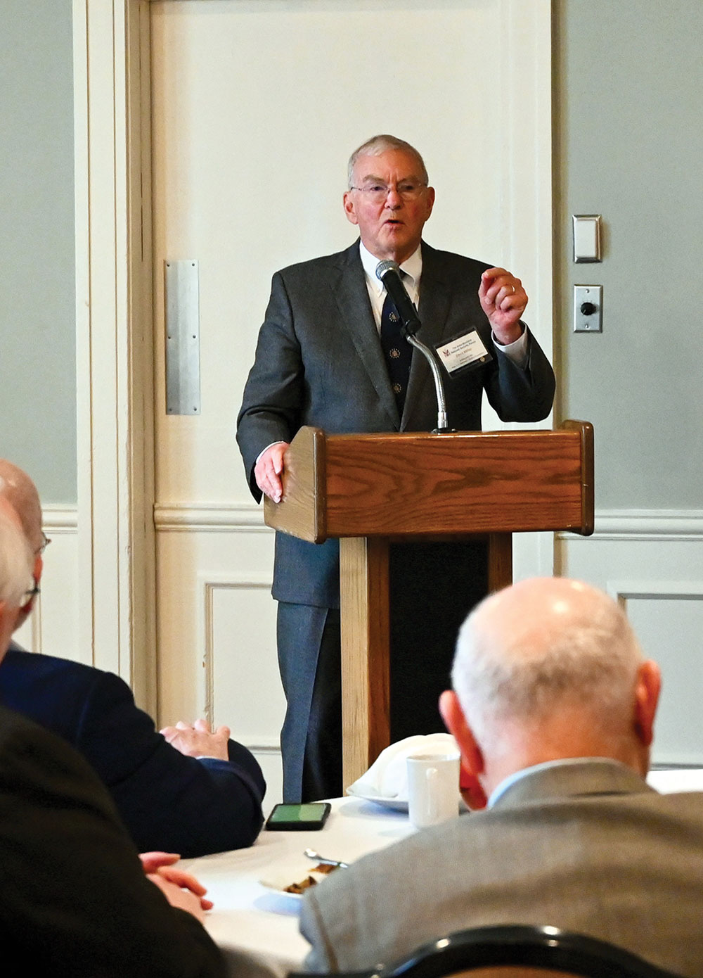 Ambassador (Ret.) David C. Miller, Jr, president of the U. S. Diplomatic Studies Foundation, discusses the private sector and diplomacy during the Arter-Rowland National Security Forum luncheon event on March 23, 2023, at the Carriage Club in Kansas City.