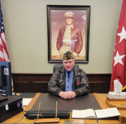 VFW VFW Commander-in-Chief Timothy M. Borland stops by the MacArthur Room in the Lewis and Clark Center during his visit to CGSC on March 13, 2023. The MacArthur Room contains furniture and memorabilia from General of the Army MacArthur's last office at West Point and is a popular stop during tours of the building.