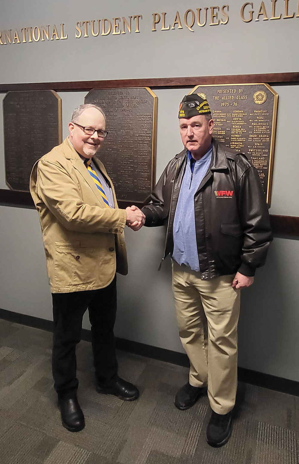 CGSC Dean of Academics Dr. Jack Kem, left, thanks VFW Commander-in-Chief Timothy M. Borland for his visit to the College on March 13, 2023.