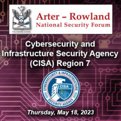 ARNSF logo with date and location text over over the seal of the Cybersecurity and Infrastructure Security Agency and a background of a computer circuit board.