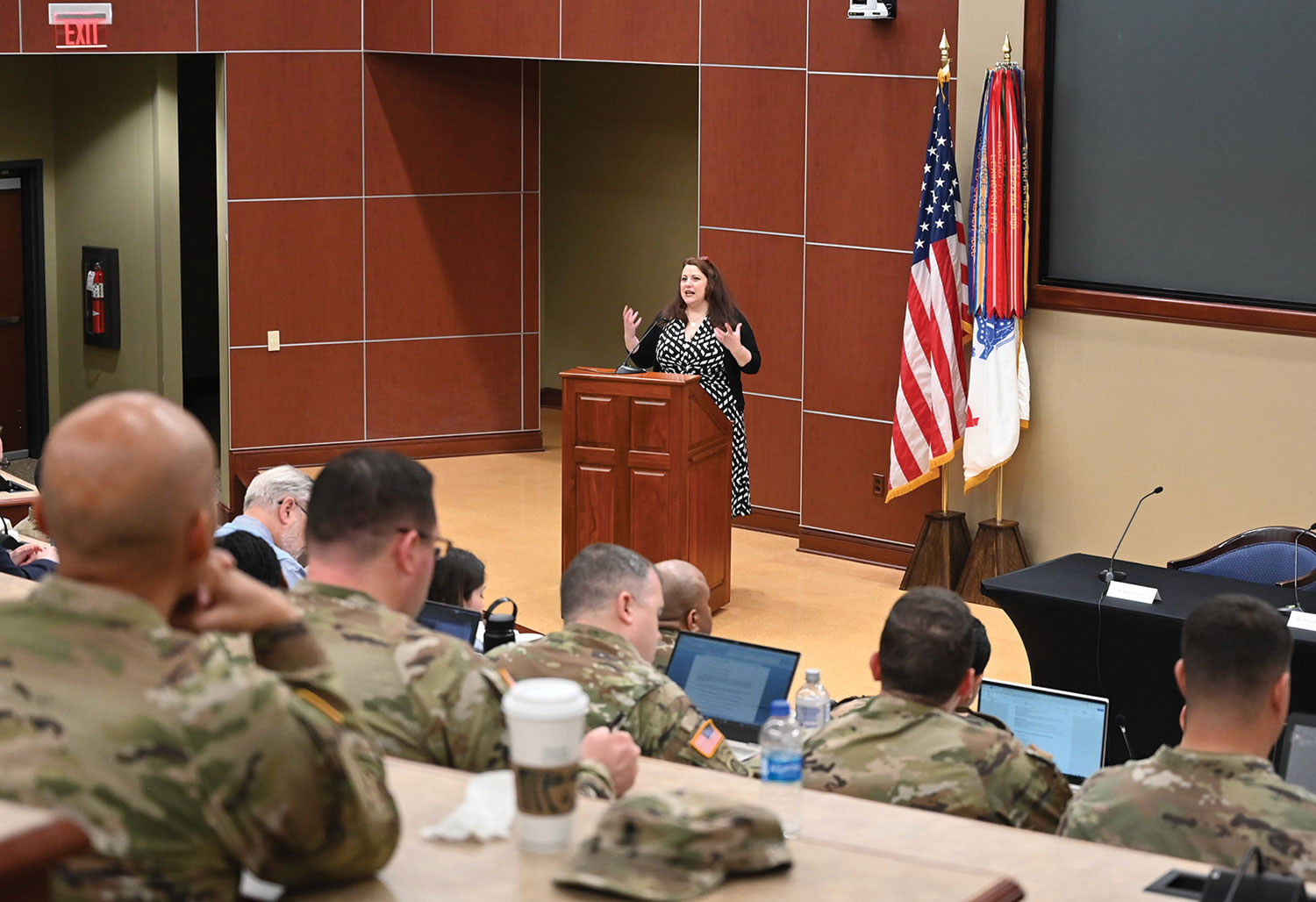Dr. Shannon E. French, the CGSC Foundation's General Hugh Shelton Distinguished Visiting Chair of Ethics, provide keynote remarks for the 2023 CGSC Military Ethics Symposium on April 20, 2023, in the Marshall Auditorium of the Lewis and Clark Center on Fort Leavenworth.