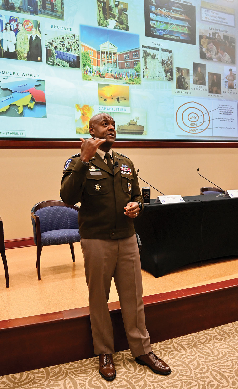CGSC Commandant Lt. Gen. Milford H. Beagle, Jr., provides an introduction to NSRT guests on April 18, 2023, in the Marshall Auditorium of the Lewis and Clark Center on Fort Leavenworth.