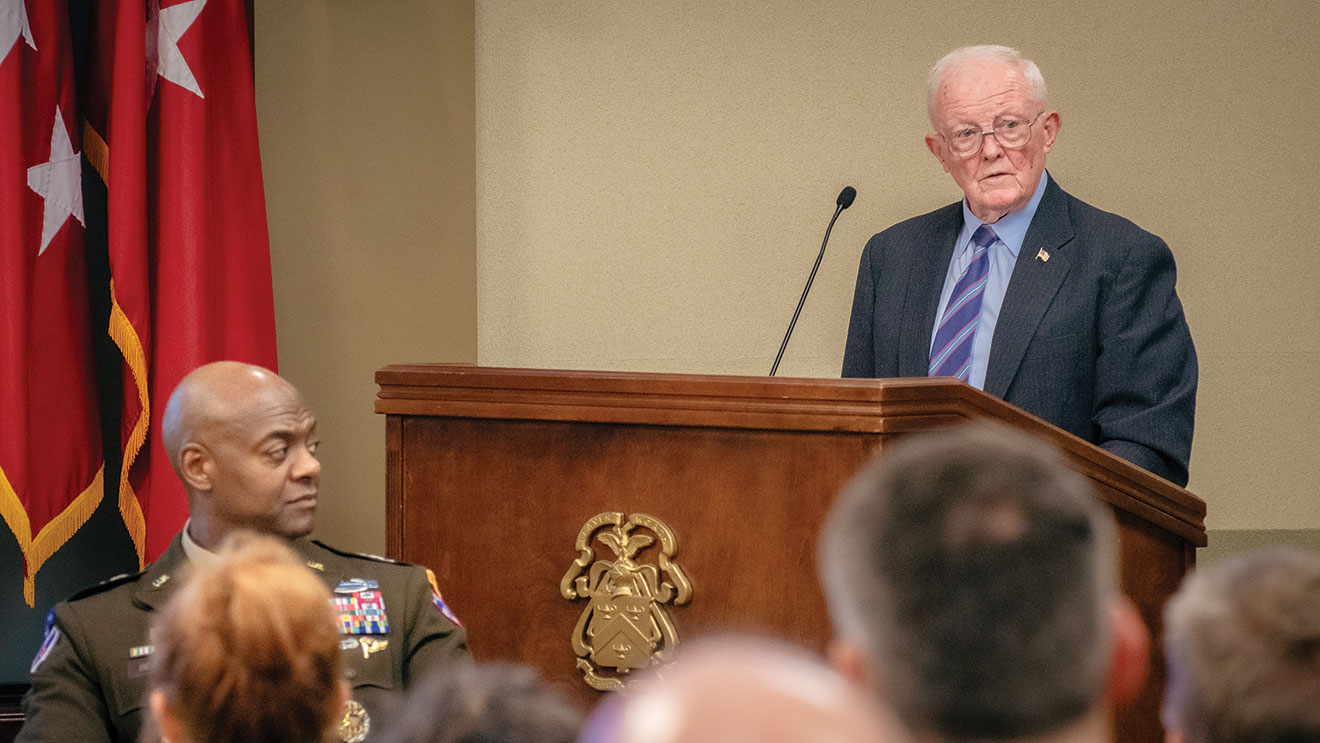 Brig. Gen. (Retired) Stanley Cherrie speaks to a full house in the Arnold Conference Room of the Lewis and Clark Center after being inducted into the Fort Leavenworth Hall of Fame May 16, 2023.