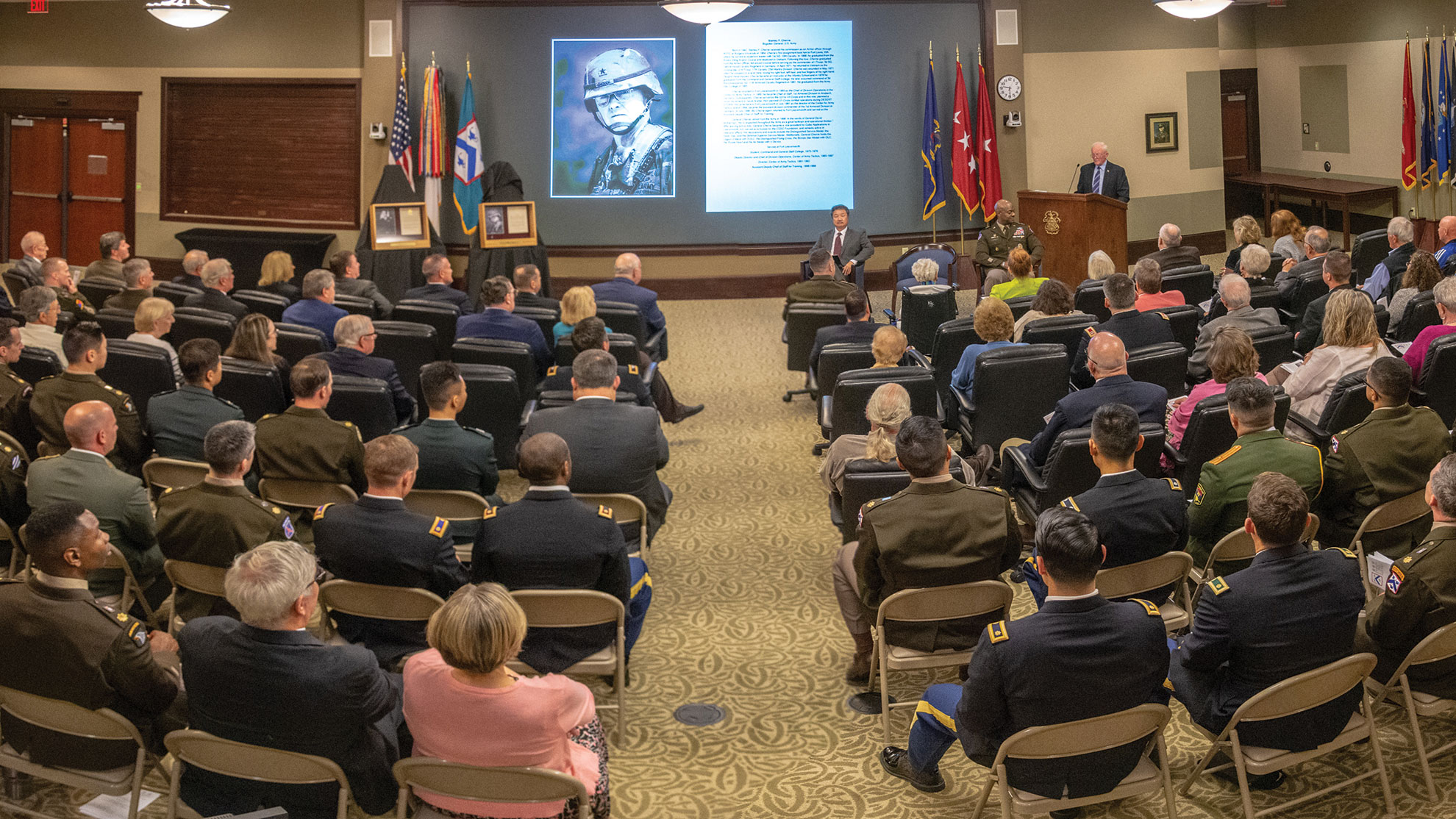 Brig. Gen. (Retired) Stanley Cherrie speaks after being inducted into the Fort Leavenworth Hall of Fame May 16 in the Arnold Conference Room of the Lewis and Clark Center.