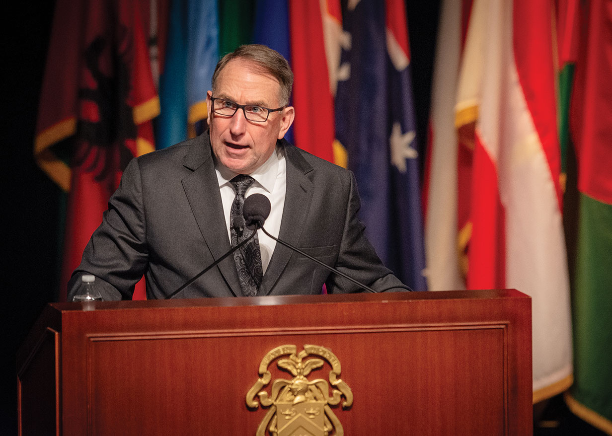 Gen. (Ret.) Robert B. Abrams delivers the commencement address at graduation for Command and General Staff Officers Course Class of 2023, June 9, in the Eisenhower Auditorium of the Lewis and Clark Center on Fort Leavenworth, Kansas.