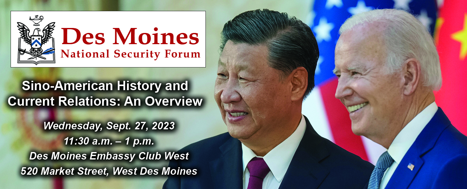 Des Moines National Security Forum logo with date, time and location over a photo.