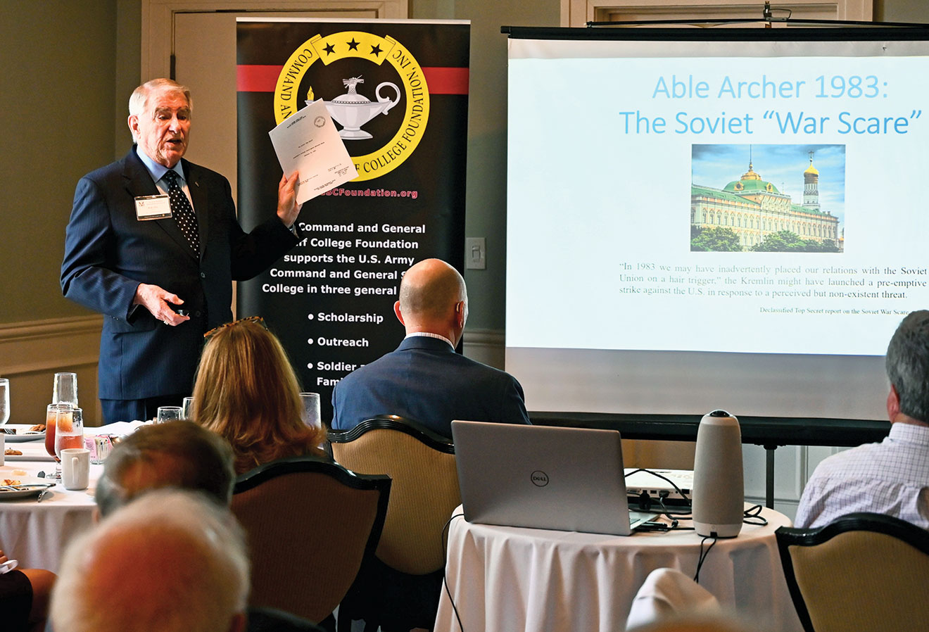 Retired Colonel Bob Ulin, founder and director of the Simons Center, delivers his presentation on nuclear weapons in Europe during the 1970s and 80s during the Arter-Rowland National Security Forum luncheon event on Sept. 21, 2023, at the Carriage Club in Kansas City.