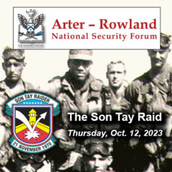 ARNSF logo with date and location text over a photo of the Son Tay Raider commemorative patch with a photo of some of the Son Tay Raider troops taken during their training in fall 1970.