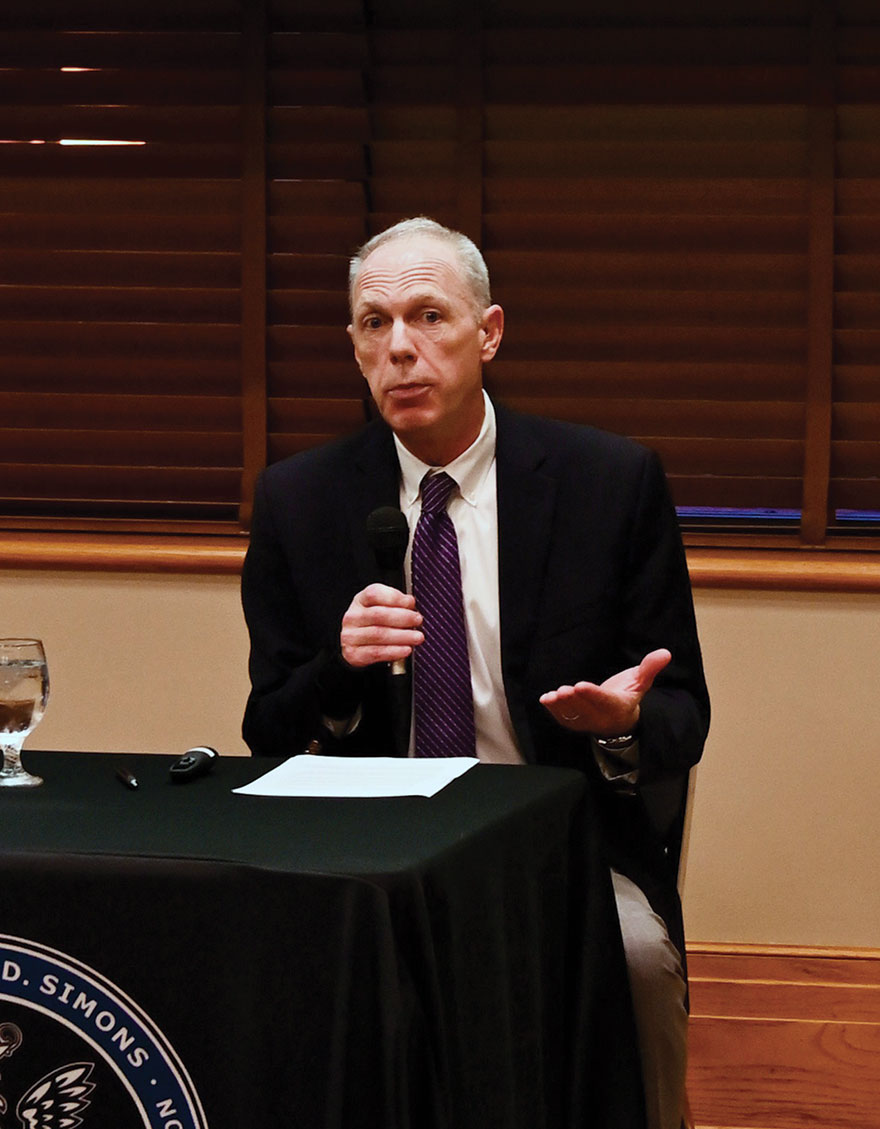 Dr. Donald Wright, deputy director of Army University Press, provides comments on the background of the war in Ukraine during the CGSC Foundation Distinguished Speaker Series event conducted Oct. 3, 2023, at the Riverfront Community Center in downtown Leavenworth, Kansas.