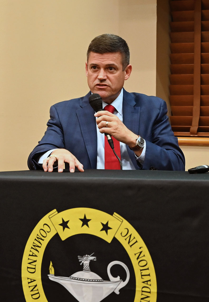 Retired Col. Matt Dimmick, European Regional Program Manager for Spirit of America, provides comments on the war in Ukraine during the CGSC Foundation Distinguished Speaker Series event conducted Oct. 3, 2023, at the Riverfront Community Center in downtown Leavenworth, Kansas.