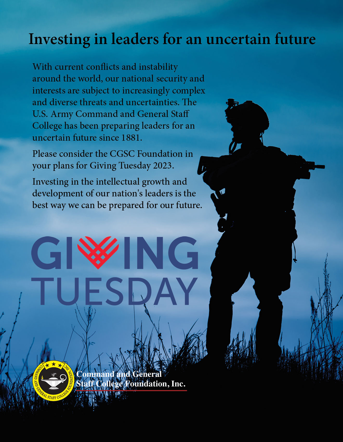 Giving Tuesday 2023 composite image - soldier silhouette with the Giving Tuesday logo layered on top