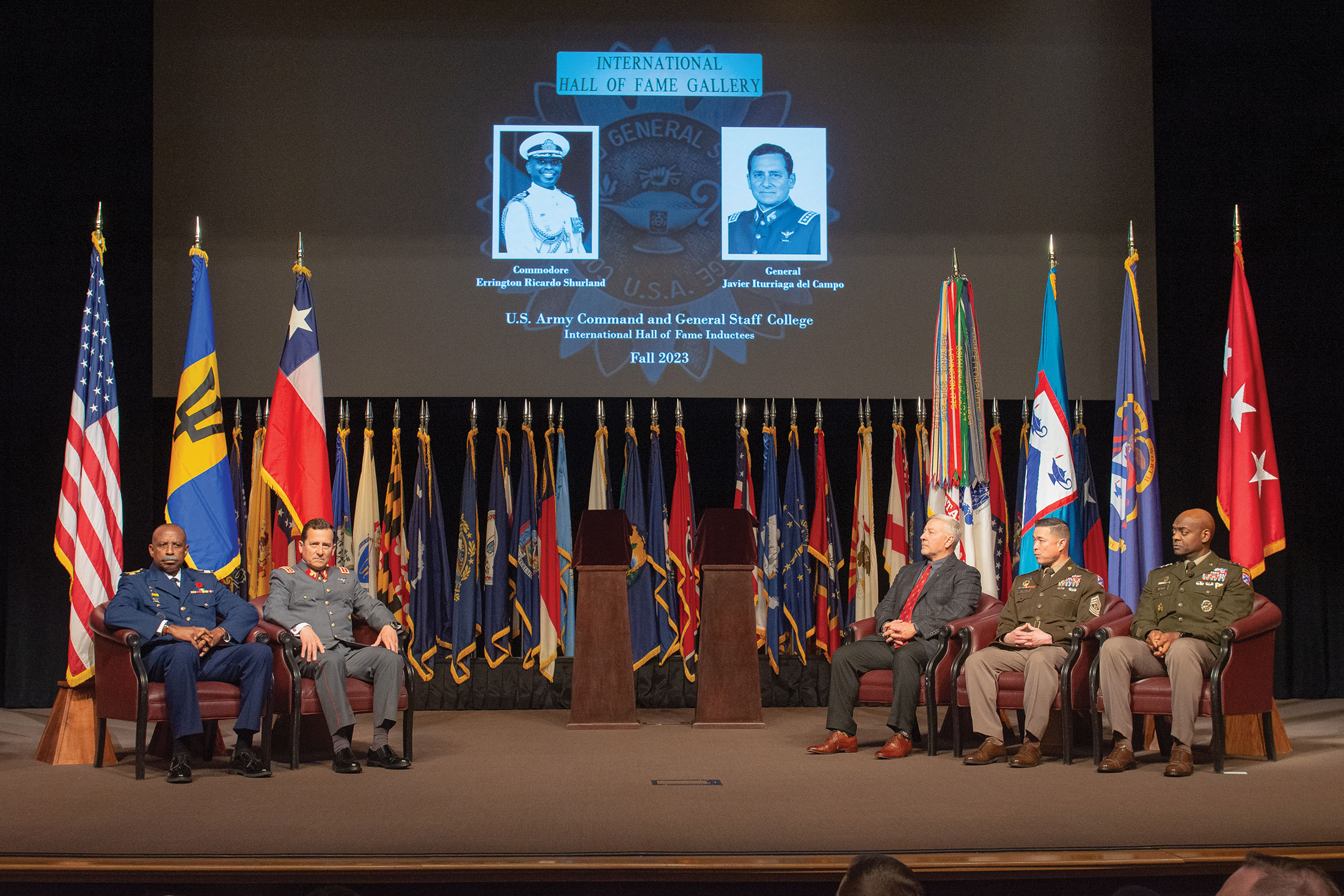 Full stage view photo of the Army University’s Command and General Staff College International Hall of Fame Ceremony on Oct. 31, 2023.
