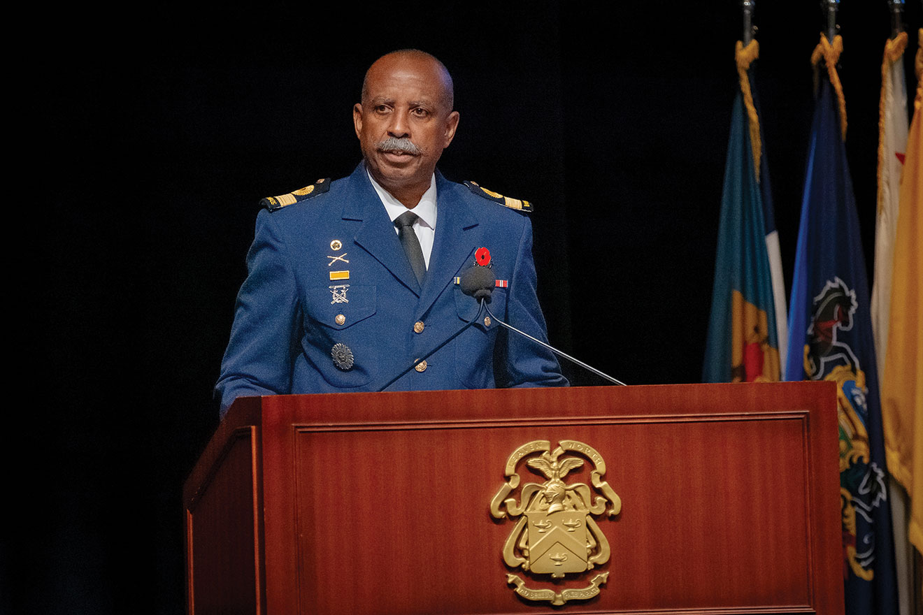 Commodore Errington R. Shurland, Chief of Staff, Barbados Defence Force, addresses the audience during his induction ceremony to the CGSC International Hall of Fame Oct. 31, 2023, at Fort Leavenworth, Kansas.