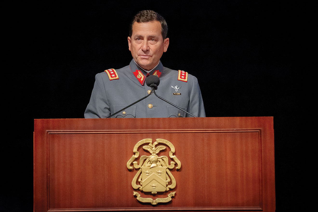 General Javier Iturriaga Del Campo, Commander in Chief of the Chilean Army, addresses the audience during his induction ceremony to the CGSC International Hall of Fame Oct. 31, 2023, at Fort Leavenworth, Kansas.