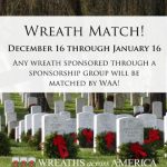 Wreaths Across America composite image with a national cemetery background and text over it which reads "Wreath Match! December 16 through January 16"