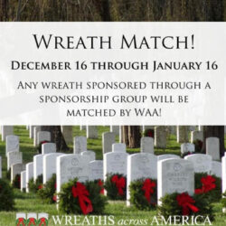 Wreaths Across America composite image with a national cemetery background and text over it which reads 