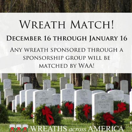 National Wreaths Across America to match all wreath sponsorships through Jan. 16