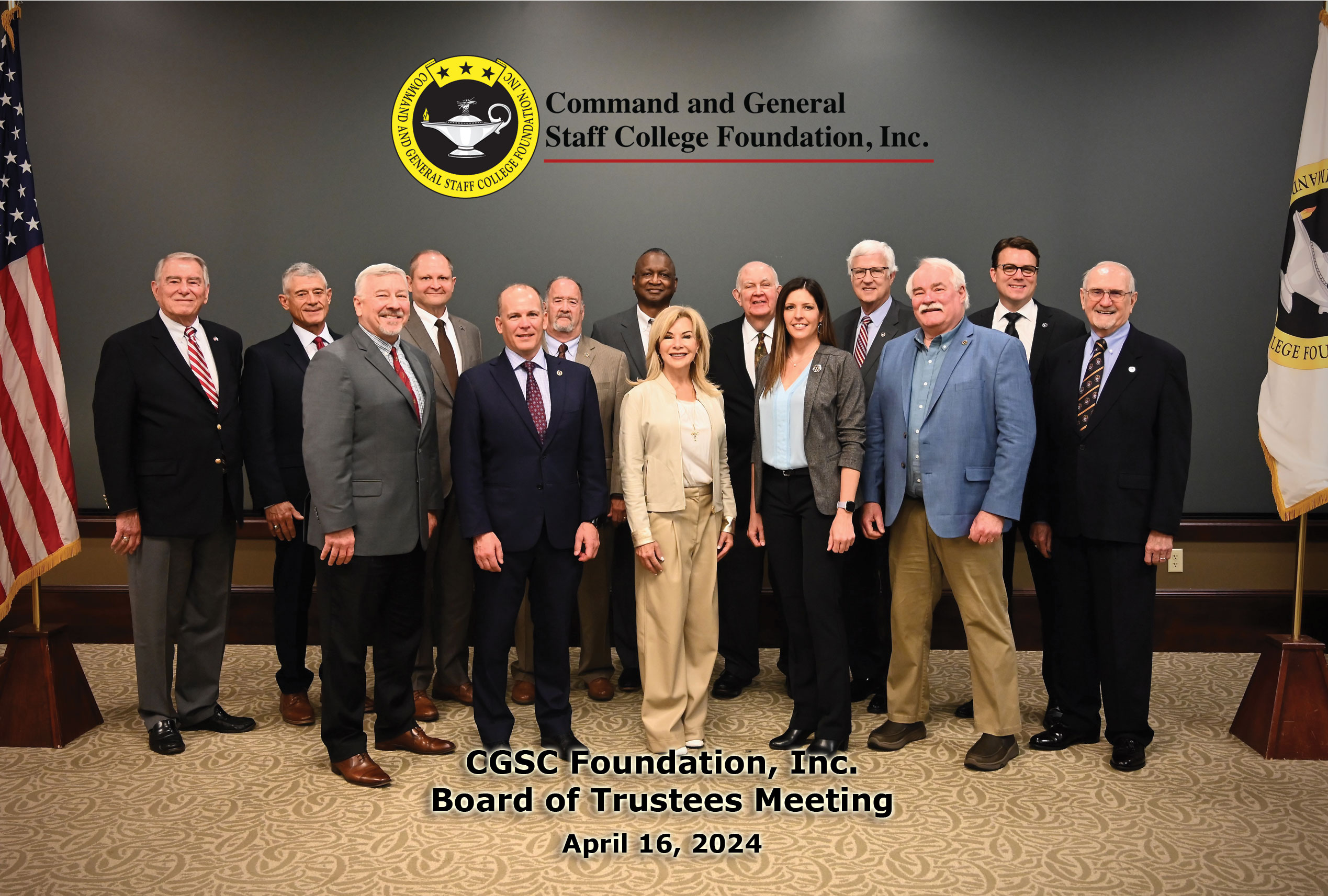 CGSC Foundation Board of Trustees group photo taken on April 16, 2024, in the Arnold Conference room of the Lewis and Clark Center on Fort Leavenworth, Kansas.