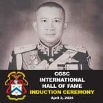 CGSC International Hall of Fame composite image with the CGSC crest depicted over the text "CGSC International Hall of Fame Induction Ceremony, April 2, 2024. Above the text/crest is a photo of the inductee, Gen. Songwit Noonpackdee, Chief of Defense Forces, Royal Thai Armed Forces, who was a member of the CGSOC Class of 2000.