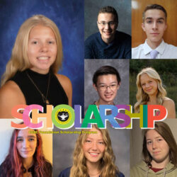 Composite image with photos of the eight scholarship winners in the 2024 CGSC Foundation Scholarship Program with the Foundation Scholarship Program logo over the photos