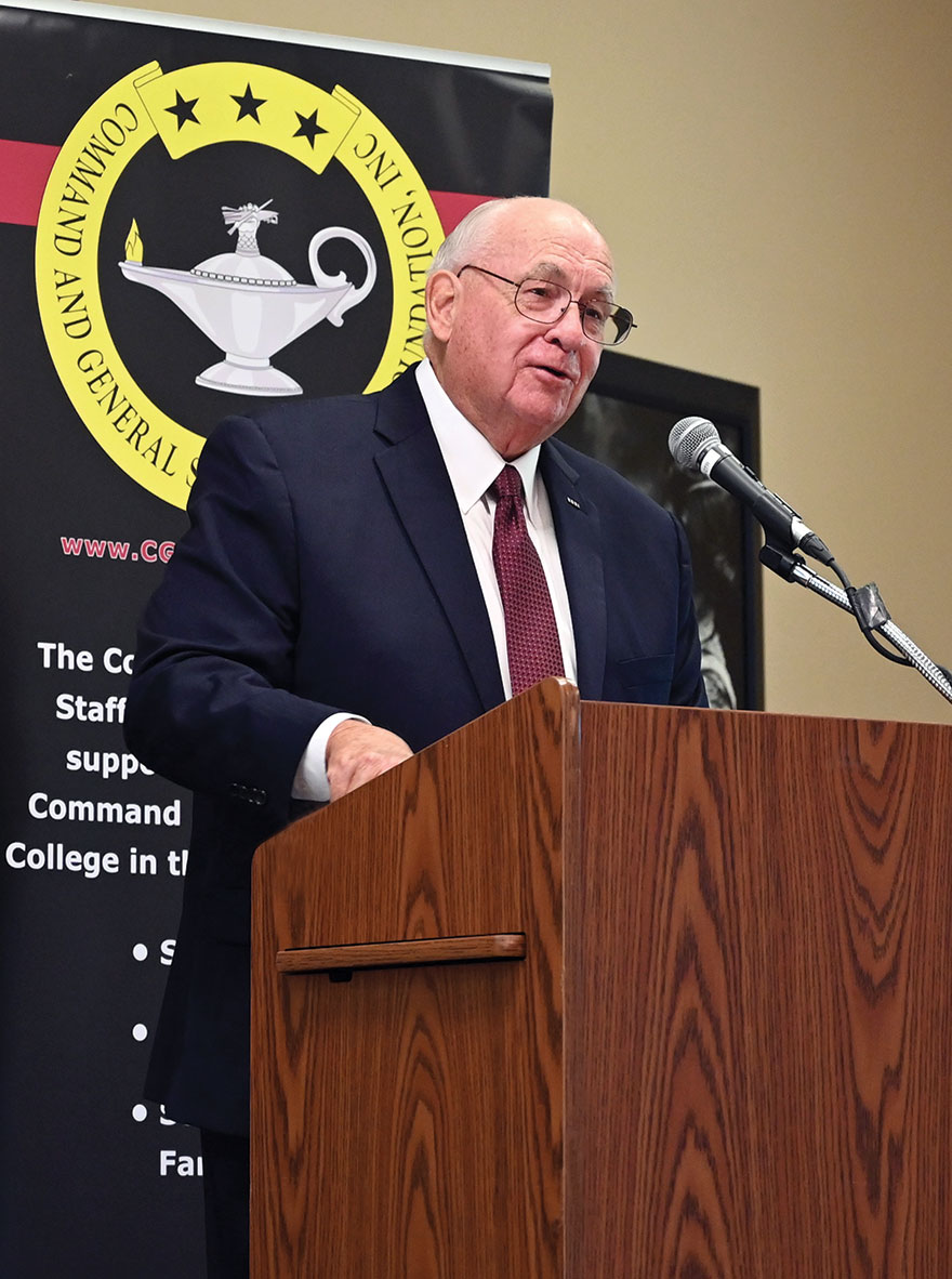 DSS w Dr. James H. Willbanks, professor emeritus of the U.S. Army Command and General Staff College, delivers a lecture on the legacies of the "American War" in Vietnam during the Distinguished Speaker Series event hosted by the CGSC Foundation and its Simons Center at the Riverfront Community Center in downtown Leavenworth, Kansas on May 9, 2024.
