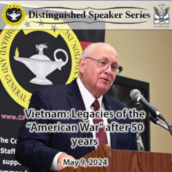 Composite image with a background photo of Dr. James H. Willbanks, professor emeritus of the U.S. Army Command and General Staff College, delivering a lecture on the legacies of the 