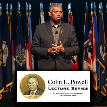 Retired Gen. Vincent Brooks delivers his remarks during the annual Colin L. Powell Lecture for students of the Command and General Staff Officers Course Class of 2025 in Eisenhower Auditorium in Fort Leavenworth’s Lewis and Clark Center Aug. 29, 2024