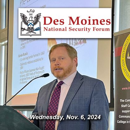 James E. Platte, Ph.D., an analyst with the Institute for Defense Analyses, provides a presentation entitled "North Korea-China-Russia: Emerging Axis?" during the Des Moines National Security Forum at the Des Moines Embassy Club West in West Des Moines, Iowa on Nov. 6, 2024.