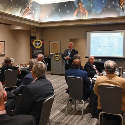 CGSC Foundation Chairman Maj. Gen. (Ret.) Christopher P. Hughes addresses members and guests of the Arter-Rowland National Security Forum luncheon event on Dec. 5 2024, at the Kansas City Downtown Marriott in Kansas City.