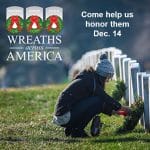 Wreaths Across America - photo of woman placing a wreath at a national cemetery with the WAA logo in upper left corner