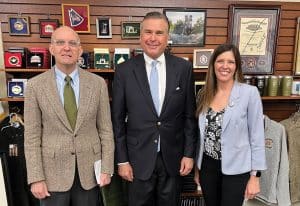 From left, Asst. Prof. Bill Pugh, Ambassador Stuart Symington, and CGSC Foundation President/CEO Lora Morgan pause for a photo in the Foundation’s office during Symington’s visit to CGSC May 6-7, 2024, as part of the CGSC Foundation’s Distinguished Visiting Professor of Diplomacy program.