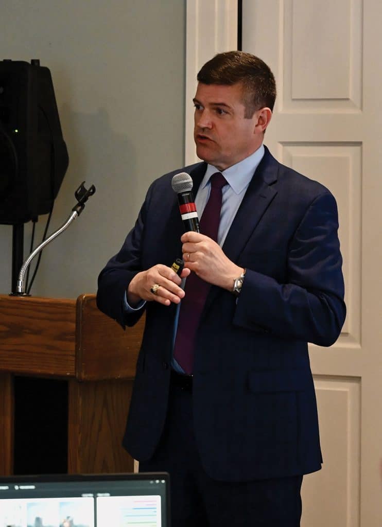 Col. (Ret.) Matt Dimmick, European Program Manager for Spirit of America, provides a presentation on the war in Ukraine during the Arter-Rowland National Security Forum luncheon event on April 17, 2025, at the Carriage Club in Kansas City.