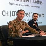 Ethics-Symposium-1APR25-600px Chaplain (Lt. Col.) Jared Vineyard, ethicist, Center for Army Leadership and deputy command chaplain, Combined Arms Center, Fort Leavenworth, Kansas, participates in a discussion panel entitled "The Ethics of Sacrifice in LSCO" during the CGSC Military Ethics Symposium, April 1, 2025.