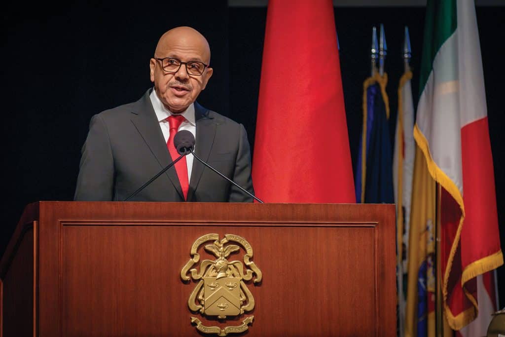 His Excellency Dr. Abdullatif bin Rashid Al Zayani, Minister of Foreign Affairs of the Kingdom of Bahrain, Command and General Staff Officer Course Class of 1988, addresses the audience following his induction into the Command and General Staff College International Hall of Fame March 28, 2025, at the Lewis and Clark Center, Fort Leavenworth, Kansas. (Dan Neal, ArmyU Public Affairs)
