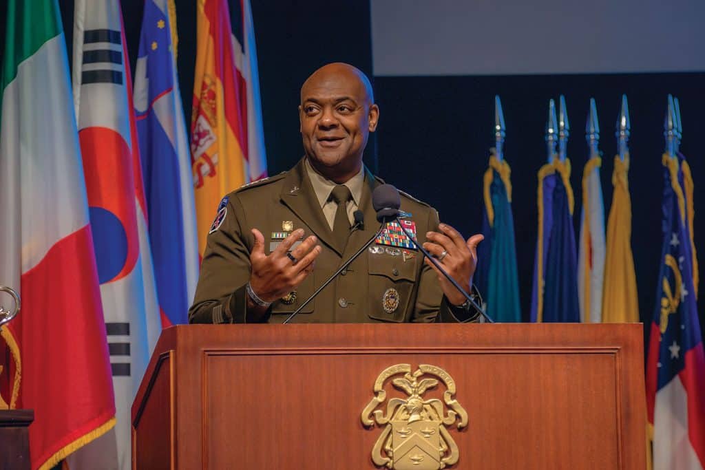 Lt. Gen. Milford H. Beagle, Jr., Commanding General of the Combined Arms Center and Commandant of Command and General Staff College, speaks at the 42nd SAMS graduation and academic honors ceremony to recognize 129 graduates May 22, 2025, at the Lewis & Clark Center on Fort Leavenworth, Kansas. Beagle graduated from SAMS in 2003.